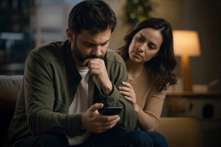 Pessoa sentada em ambiente doméstico diante de um celular desligado, representando os impactos das apostas online na saúde mental